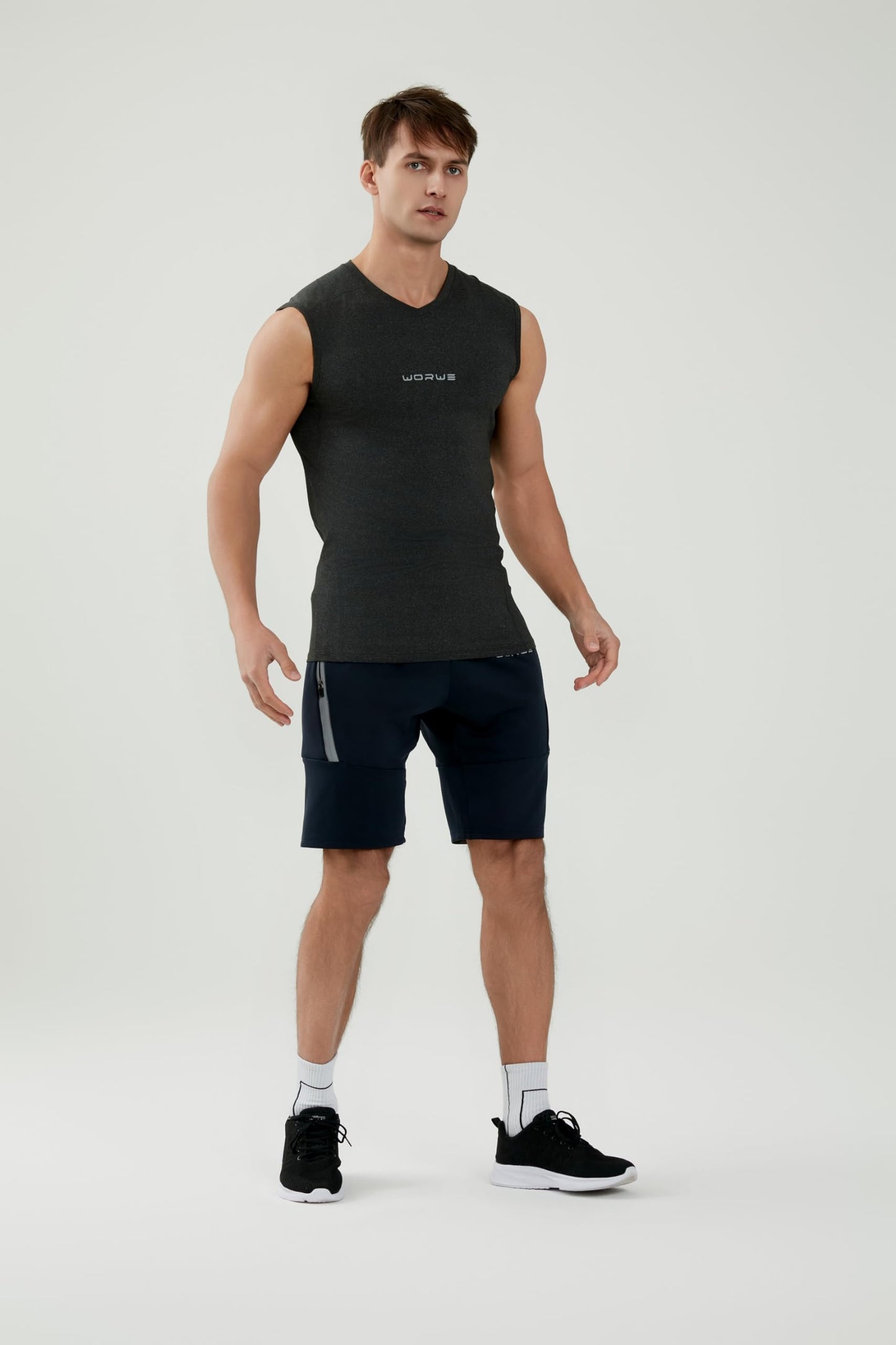 WORWE Camiseta sin Manga Hombre Compresion V-Cuello Deportiva-Moda Fitness Secado rapido Transpirable Anti-UV Tirante Top Cuello Pico