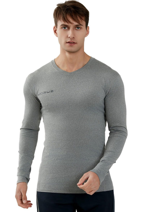 WORWE Camiseta Compresion Manga Larga Hombre Termica Cuello-V Moda-Deportiva Secado rapido Transpirable Fitness Running Anti-UV
