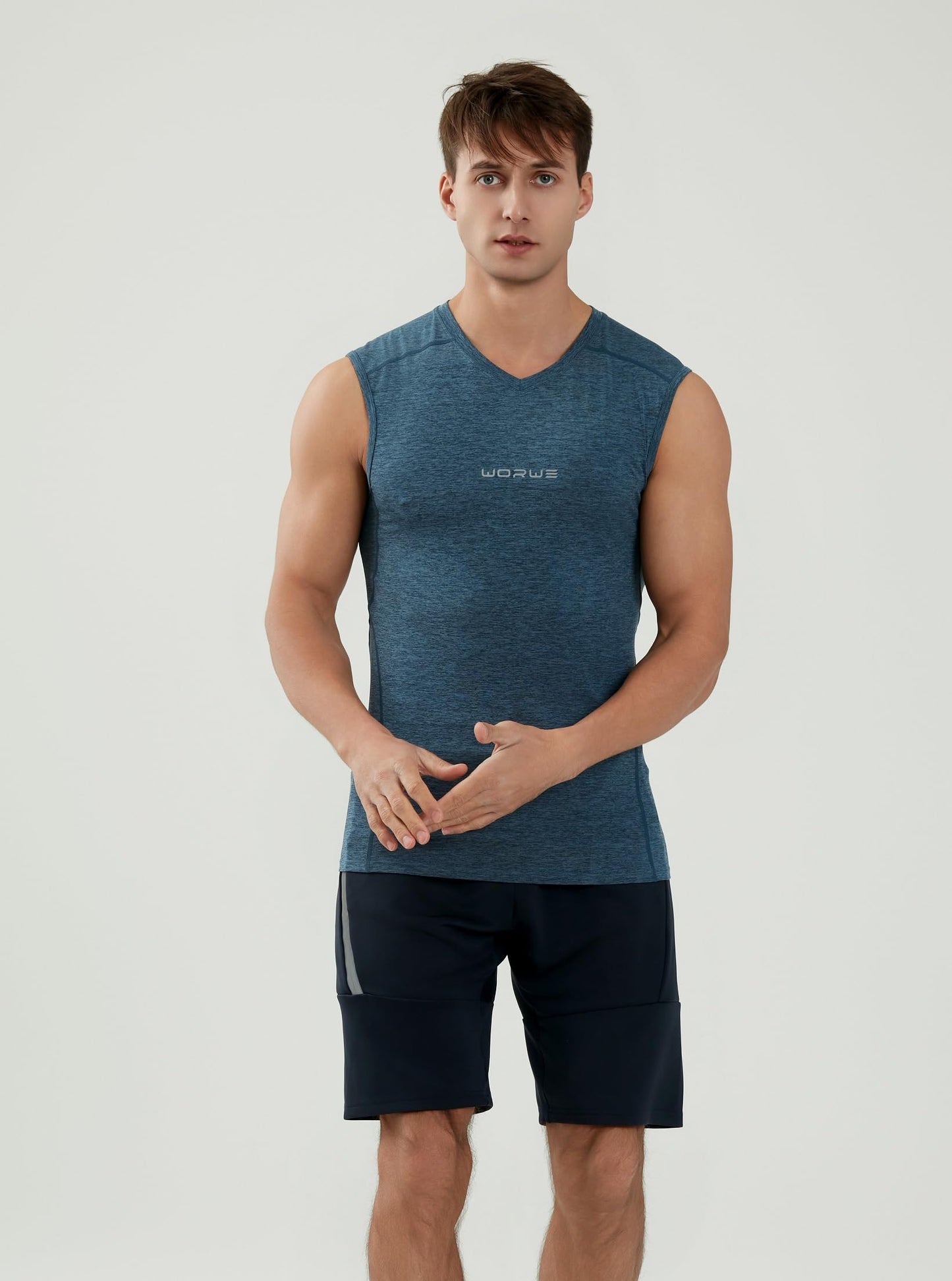 WORWE Camiseta sin Manga Hombre Compresion V-Cuello Deportiva-Moda Fitness Secado rapido Transpirable Anti-UV Tirante Top Cuello Pico