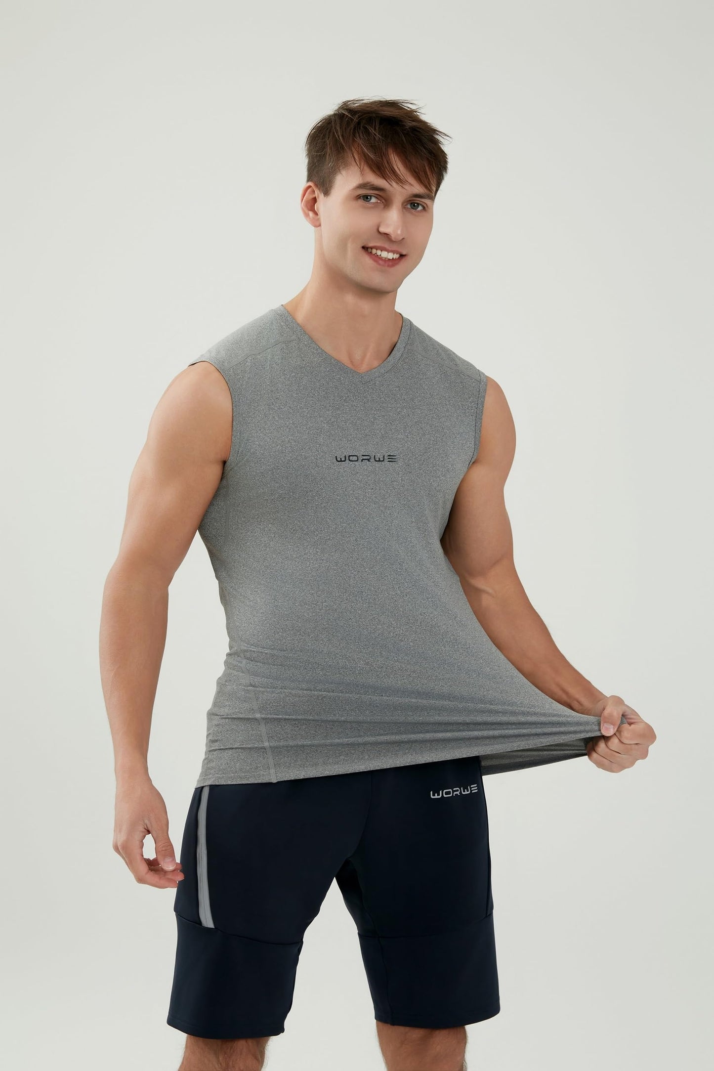 WORWE Camiseta sin Manga Hombre Compresion V-Cuello Deportiva-Moda Fitness Secado rapido Transpirable Anti-UV Tirante Top Cuello Pico
