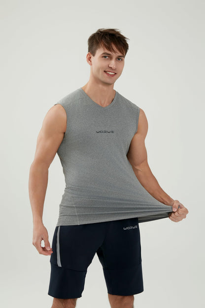WORWE Camiseta sin Manga Hombre Compresion V-Cuello Deportiva-Moda Fitness Secado rapido Transpirable Anti-UV Tirante Top Cuello Pico