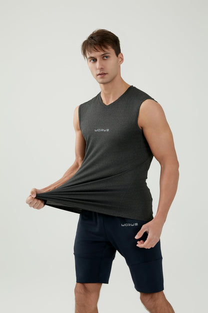 WORWE Camiseta sin Manga Hombre Compresion V-Cuello Deportiva-Moda Fitness Secado rapido Transpirable Anti-UV Tirante Top Cuello Pico