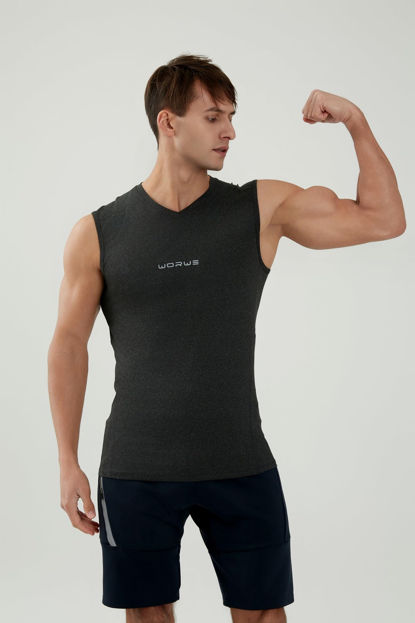 WORWE Camiseta sin Manga Hombre Compresion V-Cuello Deportiva-Moda Fitness Secado rapido Transpirable Anti-UV Tirante Top Cuello Pico