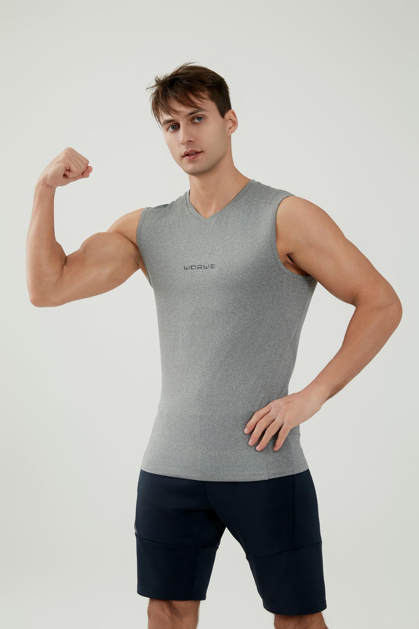 WORWE Camiseta sin Manga Hombre Compresion V-Cuello Deportiva-Moda Fitness Secado rapido Transpirable Anti-UV Tirante Top Cuello Pico