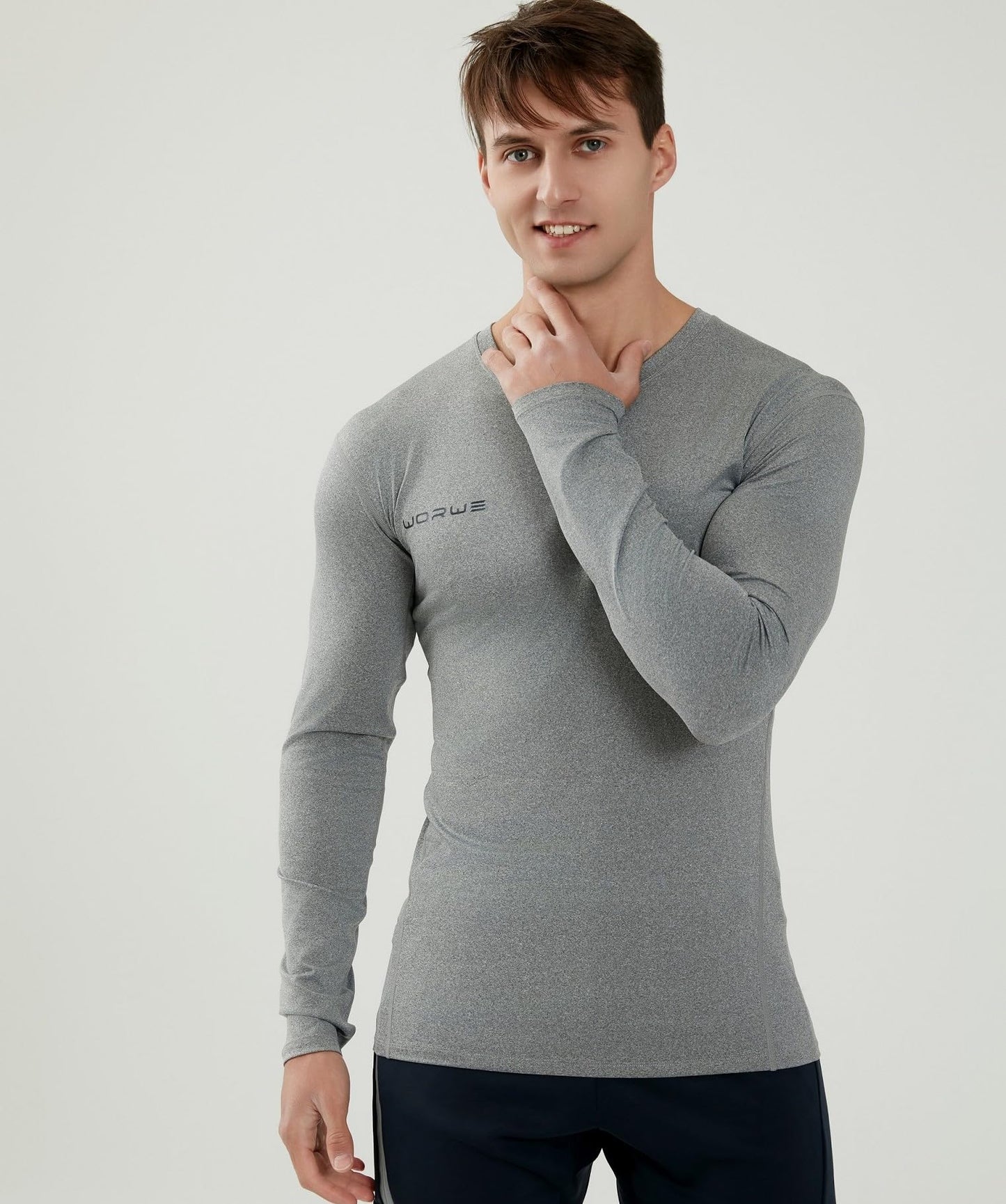 WORWE Camiseta Compresion Manga Larga Hombre Termica Cuello-V Moda-Deportiva Secado rapido Transpirable Fitness Running Anti-UV