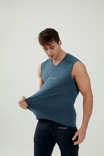 WORWE Camiseta sin Manga Hombre Compresion V-Cuello Deportiva-Moda Fitness Secado rapido Transpirable Anti-UV Tirante Top Cuello Pico