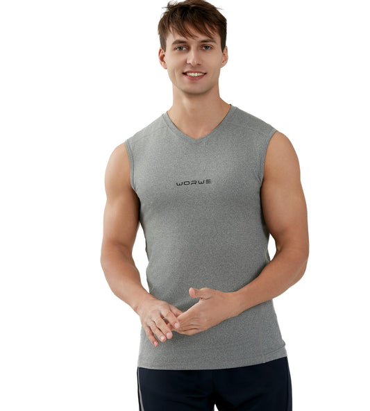 WORWE Camiseta sin Manga Hombre Compresion V-Cuello Deportiva-Moda Fitness Secado rapido Transpirable Anti-UV Tirante Top Cuello Pico