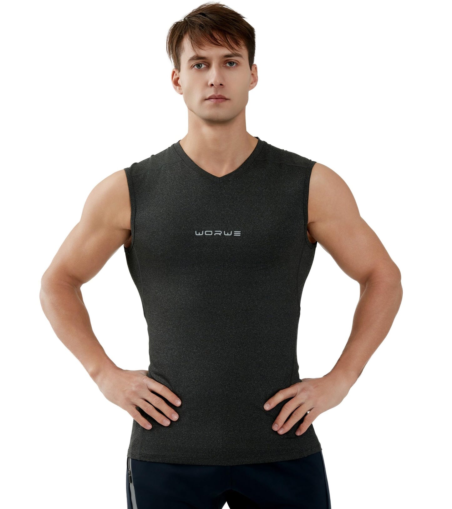 WORWE Camiseta sin Manga Hombre Compresion V-Cuello Deportiva-Moda Fitness Secado rapido Transpirable Anti-UV Tirante Top Cuello Pico