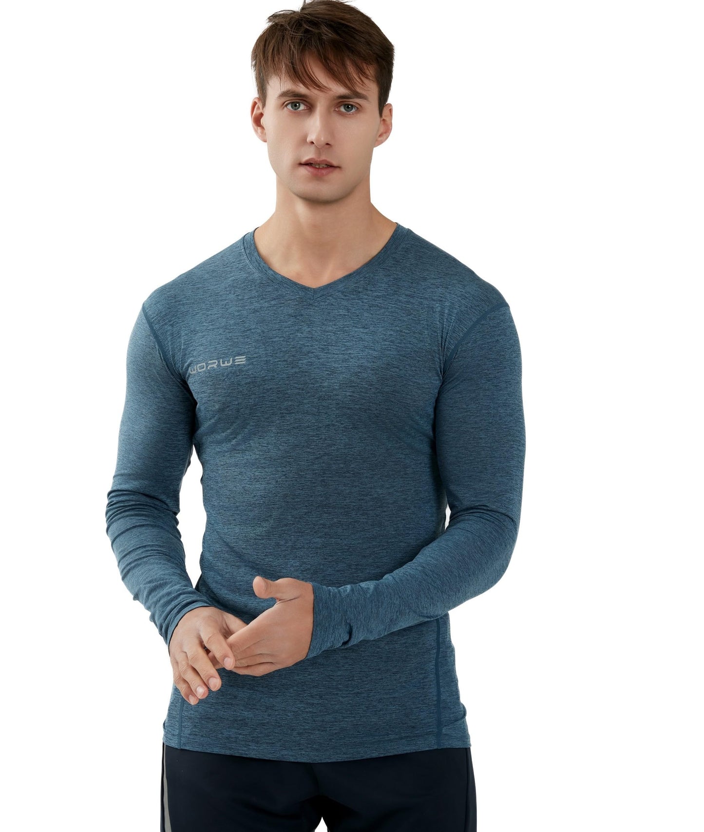 WORWE Camiseta Compresion Manga Larga Hombre Termica Cuello-V Moda-Deportiva Secado rapido Transpirable Fitness Running Anti-UV