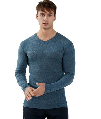WORWE Camiseta Compresion Manga Larga Hombre Termica Cuello-V Moda-Deportiva Secado rapido Transpirable Fitness Running Anti-UV