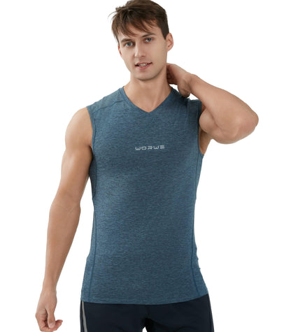 WORWE Camiseta sin Manga Hombre Compresion V-Cuello Deportiva-Moda Fitness Secado rapido Transpirable Anti-UV Tirante Top Cuello Pico