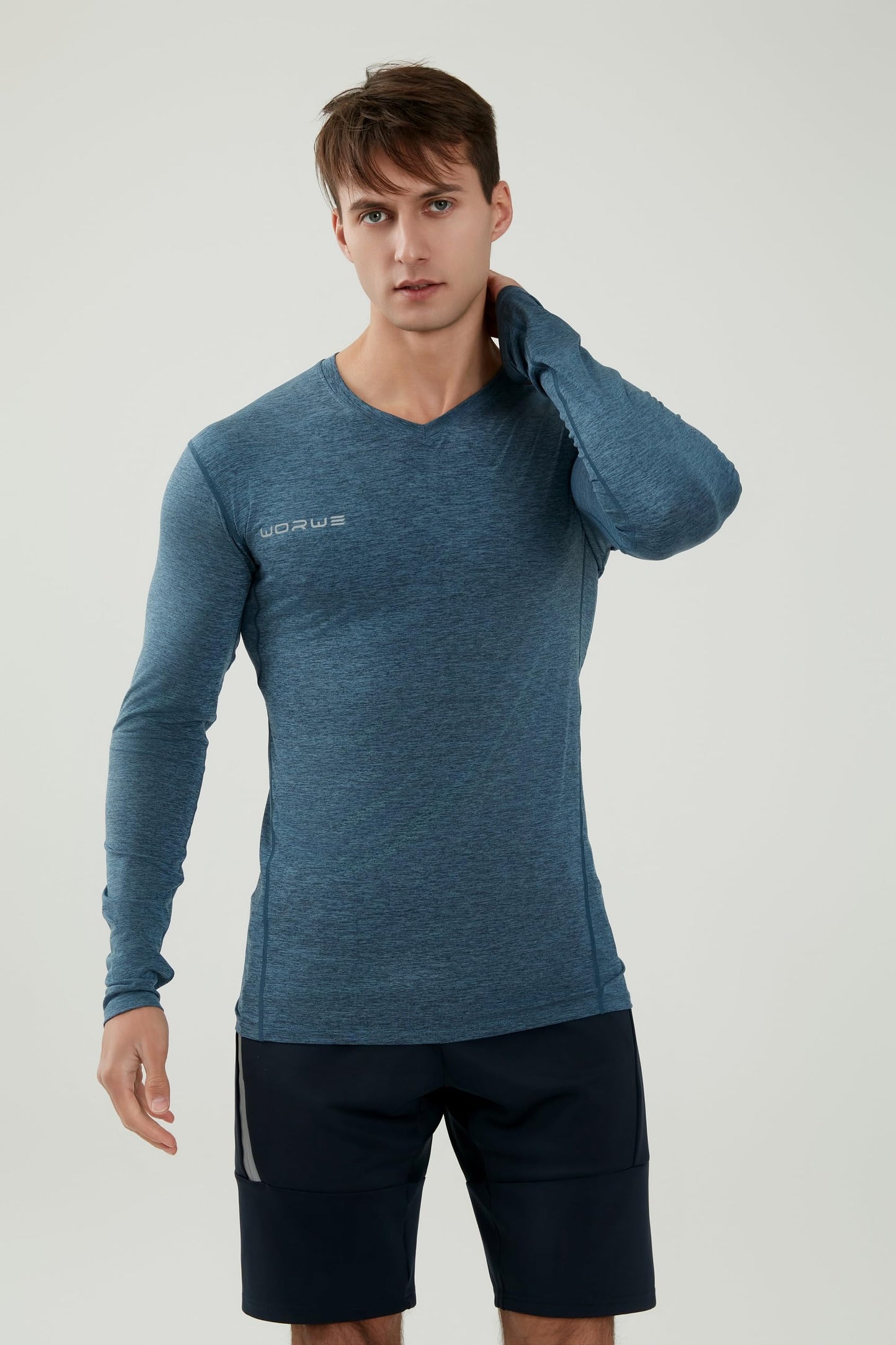 WORWE Camiseta Compresion Manga Larga Hombre Termica Cuello-V Moda-Deportiva Secado rapido Transpirable Fitness Running Anti-UV