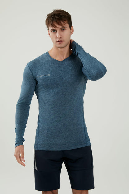 WORWE Camiseta Compresion Manga Larga Hombre Termica Cuello-V Moda-Deportiva Secado rapido Transpirable Fitness Running Anti-UV